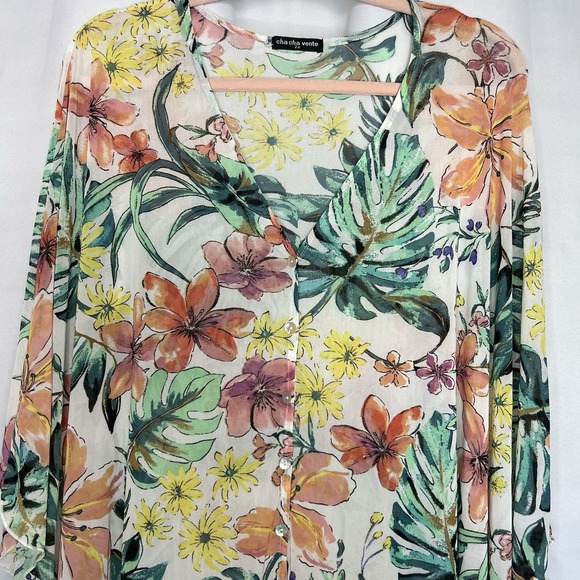 Cha Cha Vente‎ Women's Swim Coverup 2X Tropical Green Coral Lightweight Sheer - Picture 2 of 5